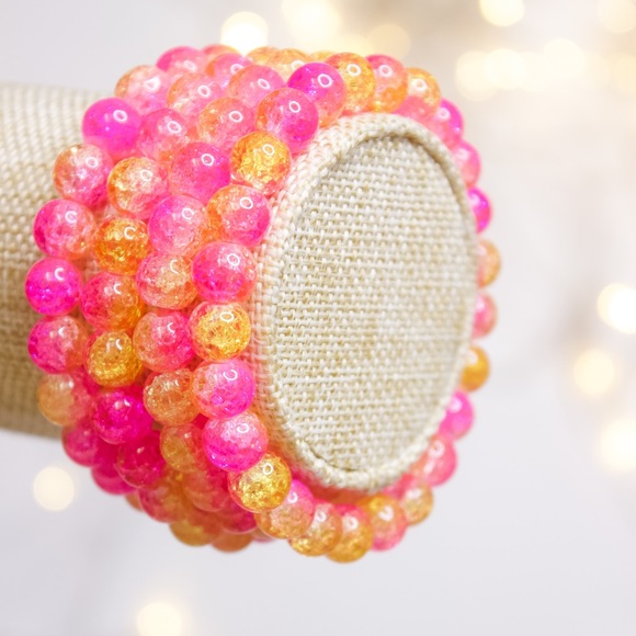 Boho Pink/Orange Crackle Beaded Stretch Bracelet - Picture 4 of 6
